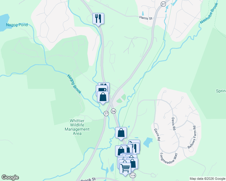 map of restaurants, bars, coffee shops, grocery stores, and more near 341 Great Road in Acton
