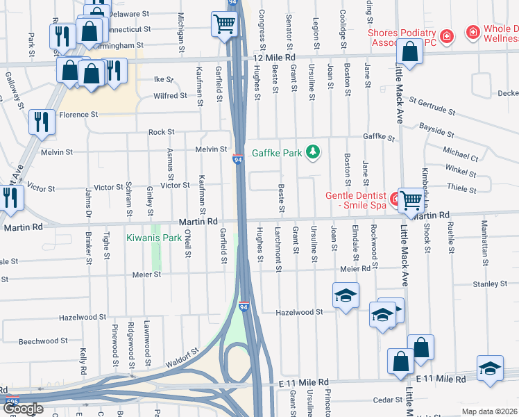 map of restaurants, bars, coffee shops, grocery stores, and more near 19720 Martin Road in St. Clair Shores