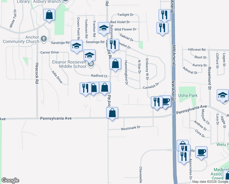 map of restaurants, bars, coffee shops, grocery stores, and more near 1800 Radford Road in Dubuque
