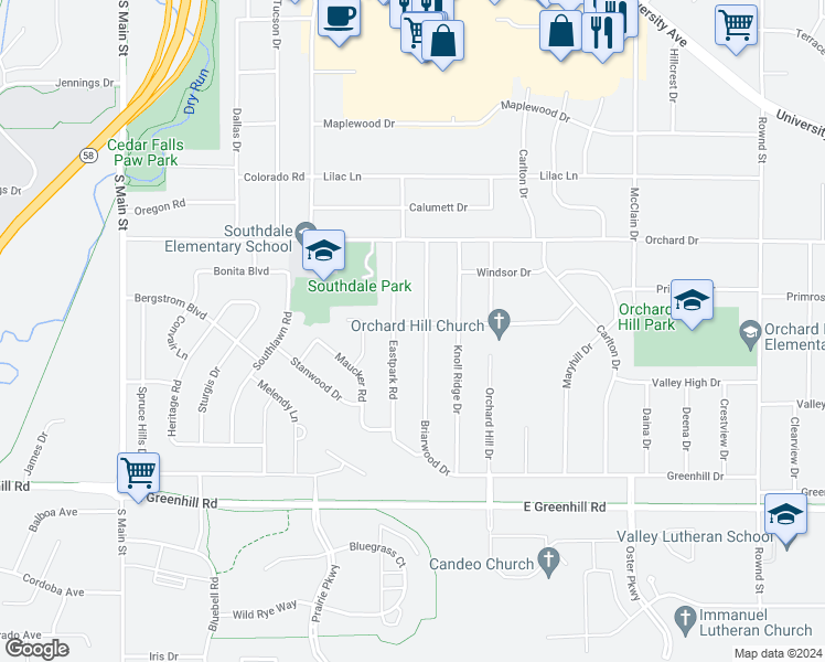 map of restaurants, bars, coffee shops, grocery stores, and more near 999 Elmridge Drive in Cedar Falls