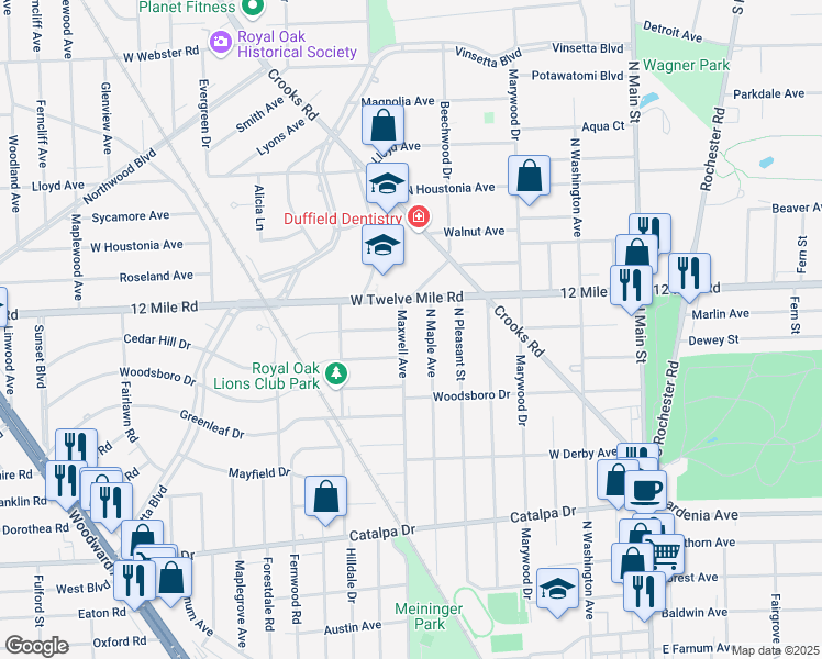 map of restaurants, bars, coffee shops, grocery stores, and more near 1604 Maxwell Avenue in Royal Oak