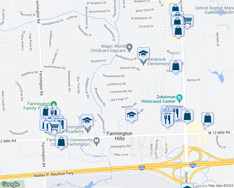 map of restaurants, bars, coffee shops, grocery stores, and more near 32311 Farmersville Road in Farmington