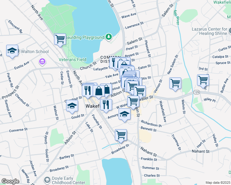 map of restaurants, bars, coffee shops, grocery stores, and more near 74 Albion Street in Wakefield