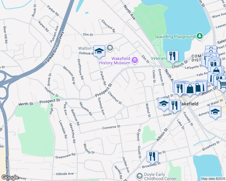 map of restaurants, bars, coffee shops, grocery stores, and more near 127 Chestnut Street in Wakefield
