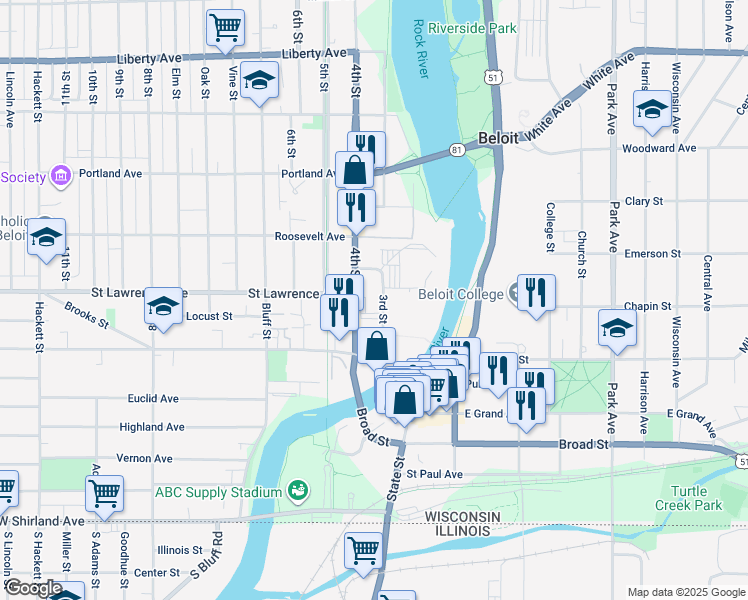map of restaurants, bars, coffee shops, grocery stores, and more near 635 3rd Street in Beloit