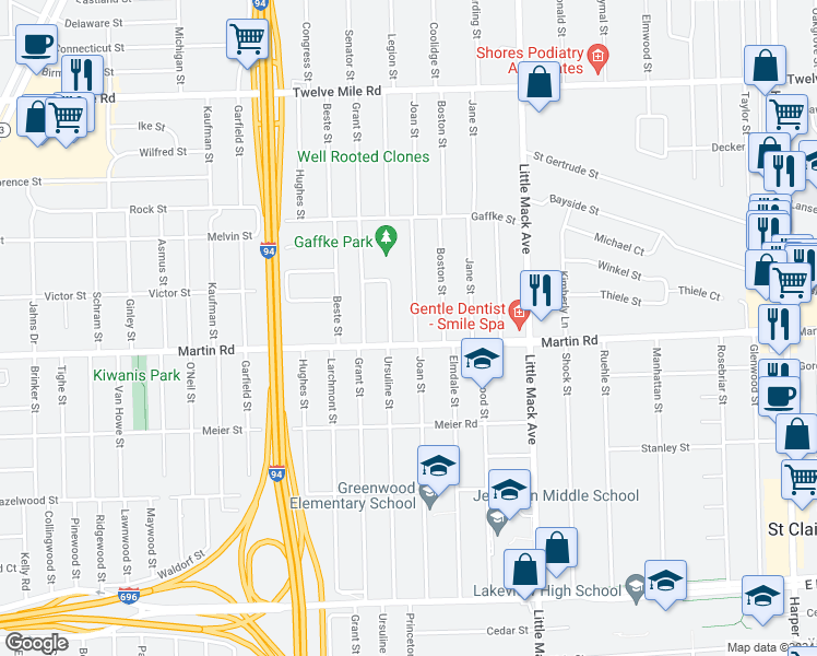 map of restaurants, bars, coffee shops, grocery stores, and more near 28513 Joan Street in Saint Clair Shores