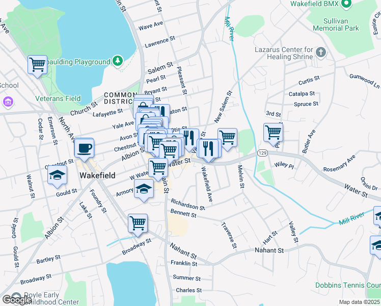 map of restaurants, bars, coffee shops, grocery stores, and more near 4 Pleasant Street in Wakefield