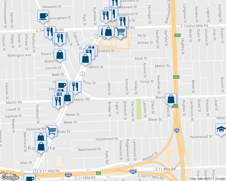 map of restaurants, bars, coffee shops, grocery stores, and more near 28044 Jahns Drive in Roseville