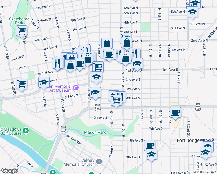map of restaurants, bars, coffee shops, grocery stores, and more near 1326 3rd Avenue South in Fort Dodge