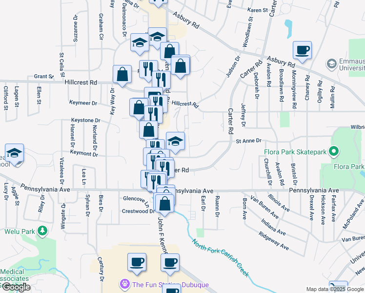 map of restaurants, bars, coffee shops, grocery stores, and more near 3259 Saint Anne Drive in Dubuque