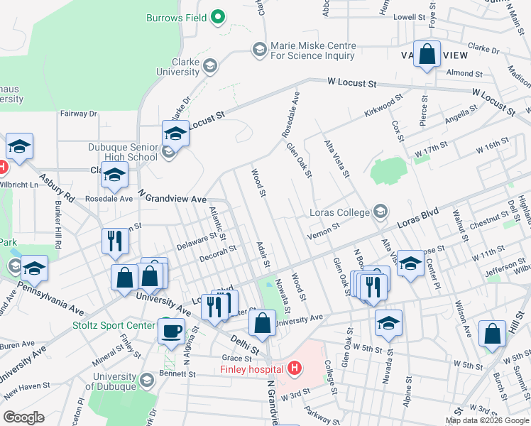 map of restaurants, bars, coffee shops, grocery stores, and more near 1835 Wood Street in Dubuque