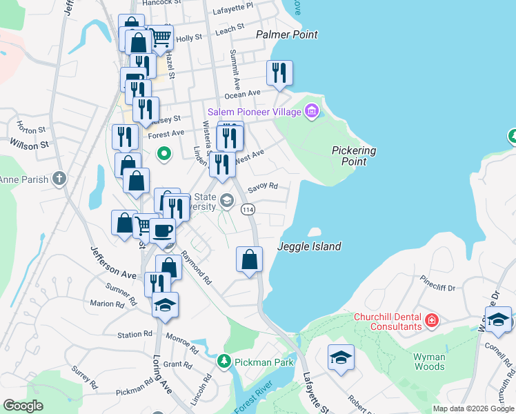 map of restaurants, bars, coffee shops, grocery stores, and more near 12 Savoy Road in Salem
