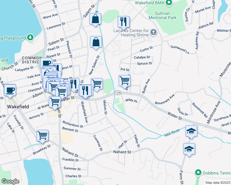 map of restaurants, bars, coffee shops, grocery stores, and more near 15G Water Street in Wakefield