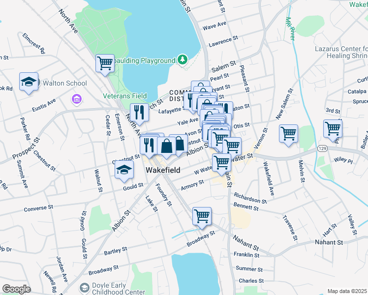 map of restaurants, bars, coffee shops, grocery stores, and more near 8 Avon Street in Wakefield
