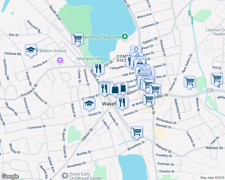 map of restaurants, bars, coffee shops, grocery stores, and more near 33 Avon Street in Wakefield