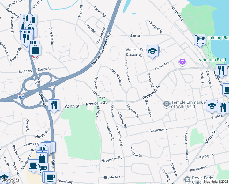 map of restaurants, bars, coffee shops, grocery stores, and more near 23 Vale View Road in Wakefield