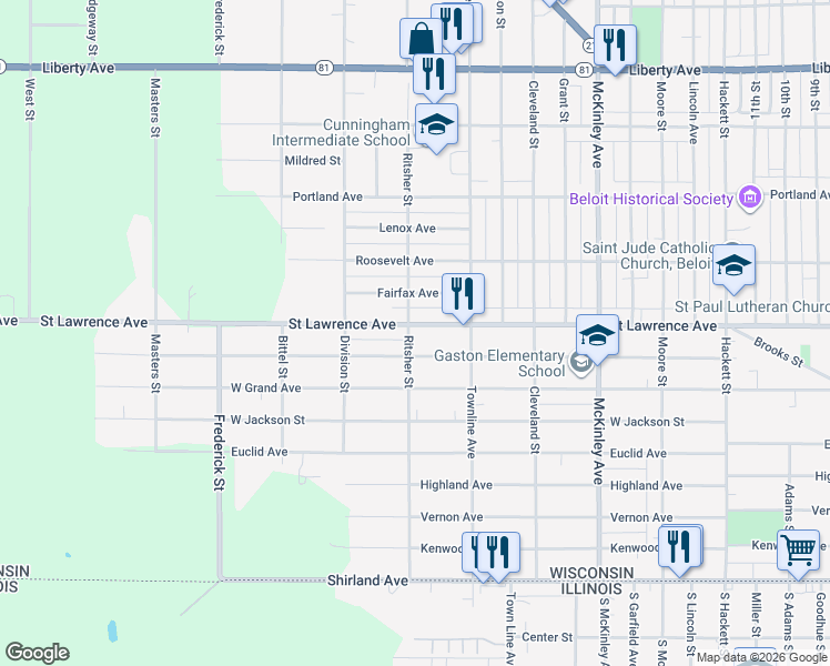 map of restaurants, bars, coffee shops, grocery stores, and more near 2002 Fairfax Avenue in Beloit