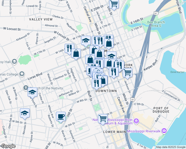 map of restaurants, bars, coffee shops, grocery stores, and more near in Dubuque