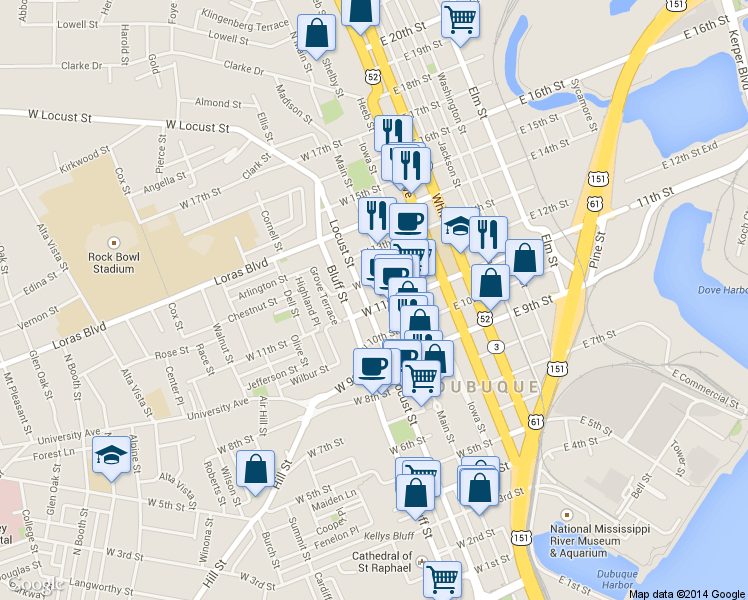 map of restaurants, bars, coffee shops, grocery stores, and more near in Dubuque