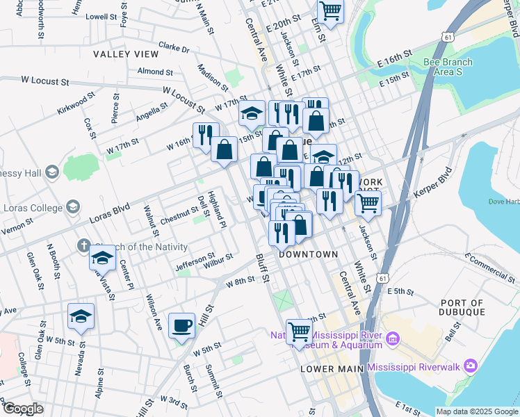 map of restaurants, bars, coffee shops, grocery stores, and more near in Dubuque