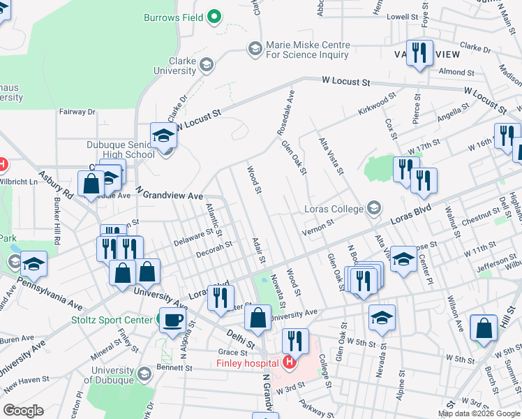 map of restaurants, bars, coffee shops, grocery stores, and more near 1835 Wood Street in Dubuque