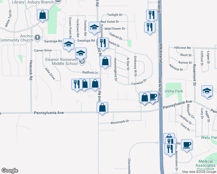 map of restaurants, bars, coffee shops, grocery stores, and more near 1880 Radford Road in Dubuque