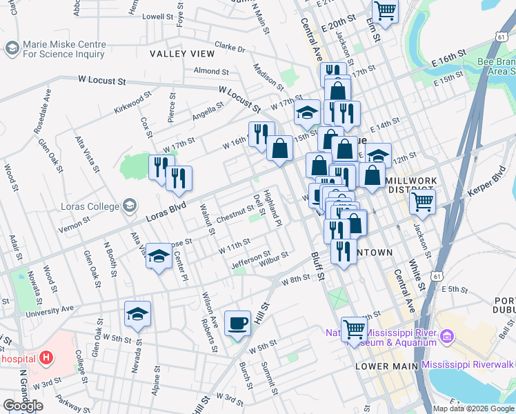 map of restaurants, bars, coffee shops, grocery stores, and more near 1335 Dell Street in Dubuque