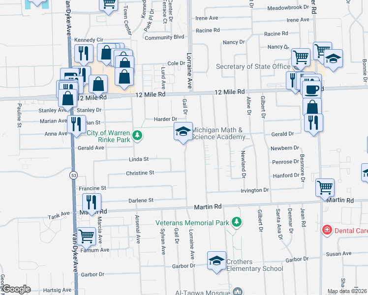 map of restaurants, bars, coffee shops, grocery stores, and more near 28501 Lorraine Avenue in Warren