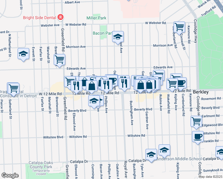 map of restaurants, bars, coffee shops, grocery stores, and more near 3541 Oakshire Avenue in Berkley