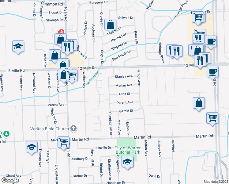 map of restaurants, bars, coffee shops, grocery stores, and more near 4639 Marian Avenue in Warren