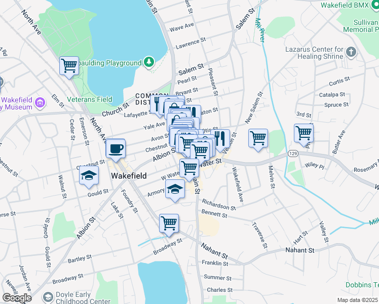 map of restaurants, bars, coffee shops, grocery stores, and more near 21 Princess Street in Wakefield