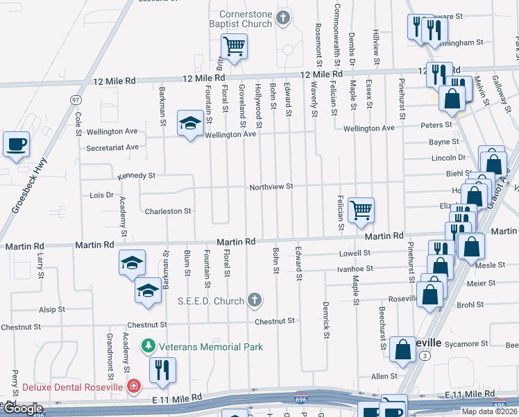 map of restaurants, bars, coffee shops, grocery stores, and more near 28241 Hollywood Street in Roseville