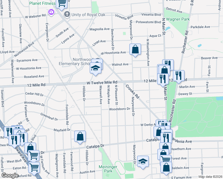 map of restaurants, bars, coffee shops, grocery stores, and more near 1723 North Pleasant Street in Royal Oak
