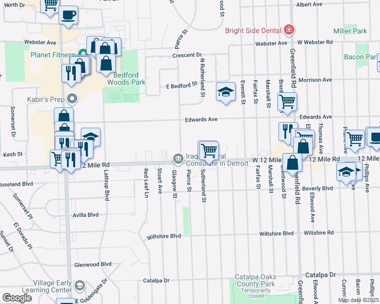 map of restaurants, bars, coffee shops, grocery stores, and more near 16500 West 12 Mile Road in Southfield