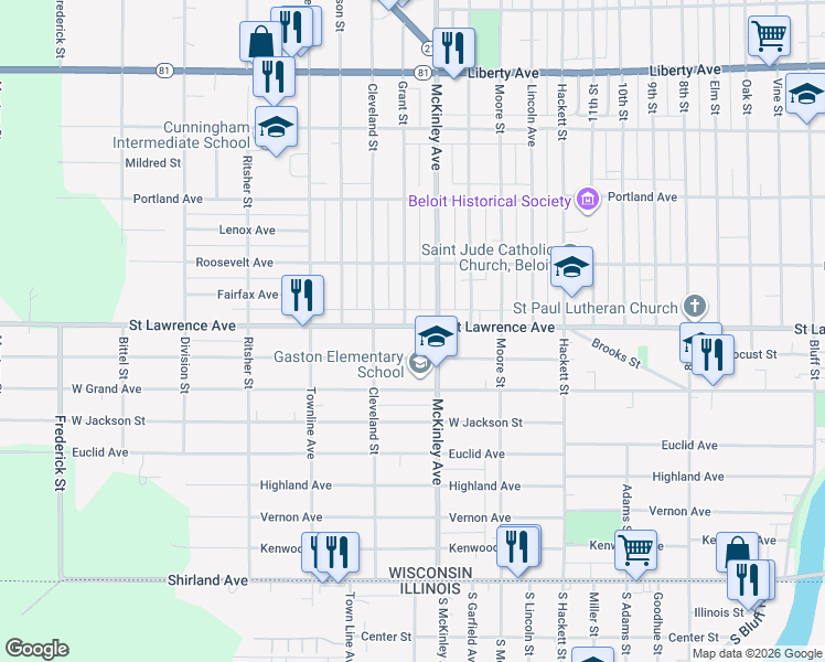 map of restaurants, bars, coffee shops, grocery stores, and more near 1522 Saint Lawrence Avenue in Beloit