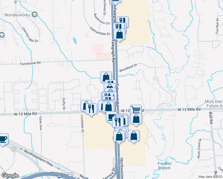 map of restaurants, bars, coffee shops, grocery stores, and more near 29235 Telegraph Road in Southfield