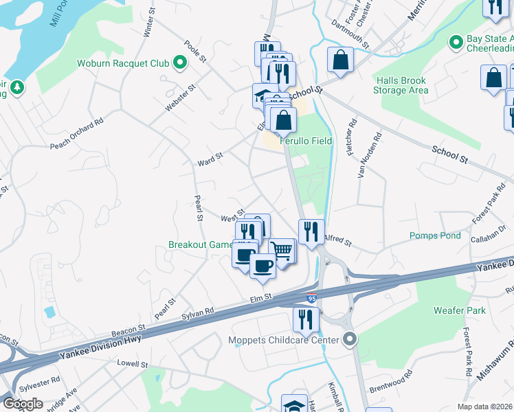 map of restaurants, bars, coffee shops, grocery stores, and more near in Woburn