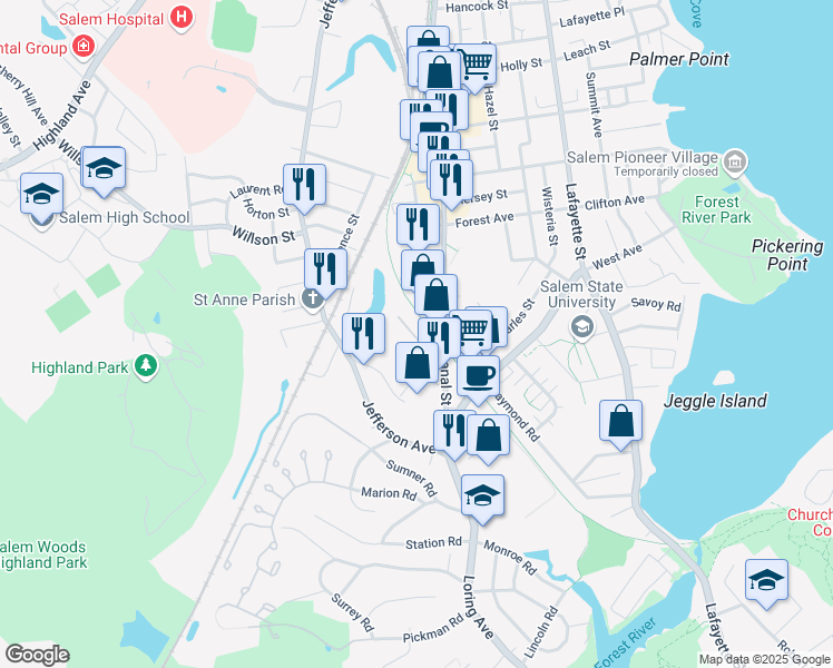 map of restaurants, bars, coffee shops, grocery stores, and more near 266 Canal Street in Salem