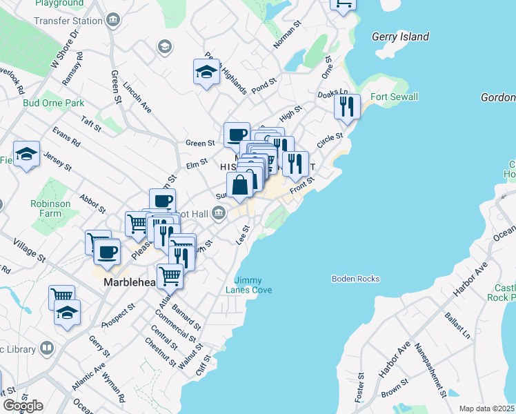 map of restaurants, bars, coffee shops, grocery stores, and more near 18 Darling Street in Marblehead