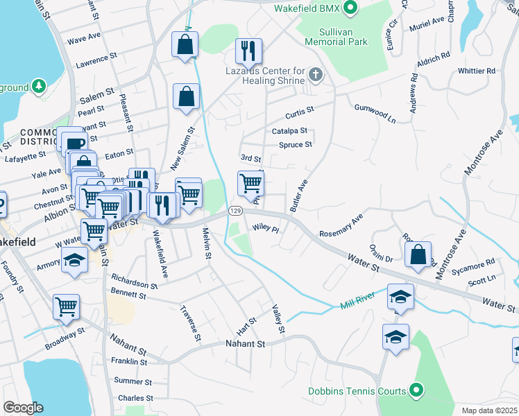 map of restaurants, bars, coffee shops, grocery stores, and more near 94 Preston Street in Wakefield