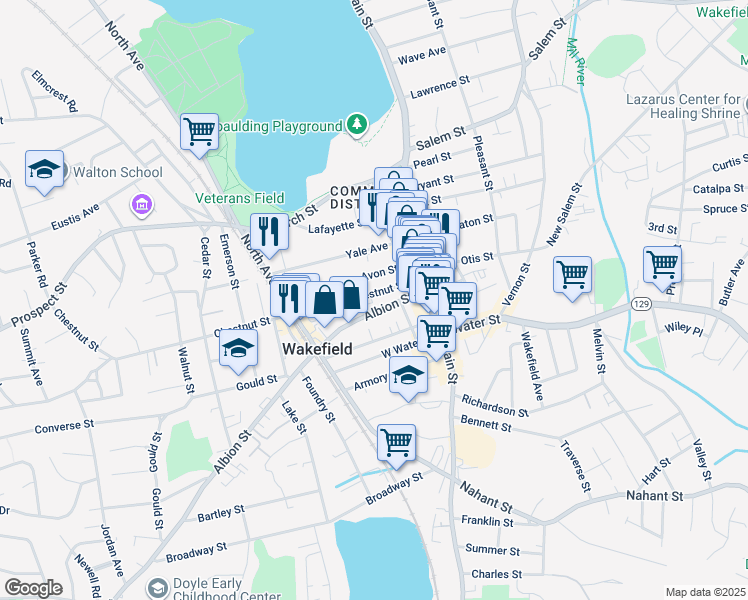 map of restaurants, bars, coffee shops, grocery stores, and more near 8 Avon Street in Wakefield