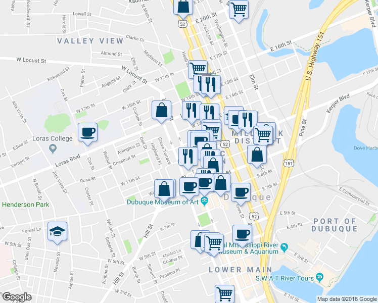 map of restaurants, bars, coffee shops, grocery stores, and more near in Dubuque
