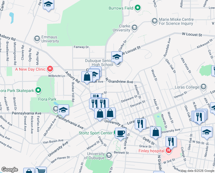 map of restaurants, bars, coffee shops, grocery stores, and more near 2005 Rosedale Avenue in Dubuque