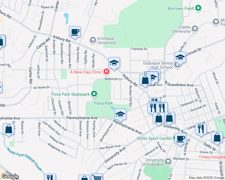 map of restaurants, bars, coffee shops, grocery stores, and more near 1889 Glendale Court in Dubuque