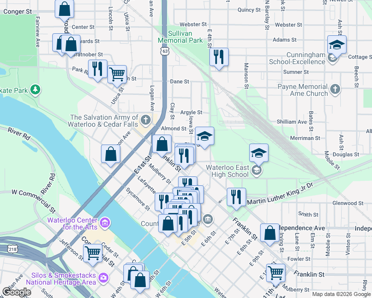 map of restaurants, bars, coffee shops, grocery stores, and more near 407 Pine St in Waterloo