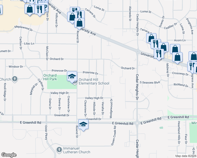 map of restaurants, bars, coffee shops, grocery stores, and more near 3811 Hillside Drive in Cedar Falls