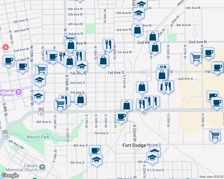 map of restaurants, bars, coffee shops, grocery stores, and more near 1915 2nd Avenue South in Fort Dodge