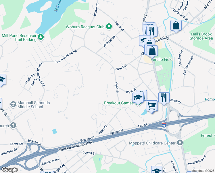 map of restaurants, bars, coffee shops, grocery stores, and more near 14 Kimball Court in Woburn