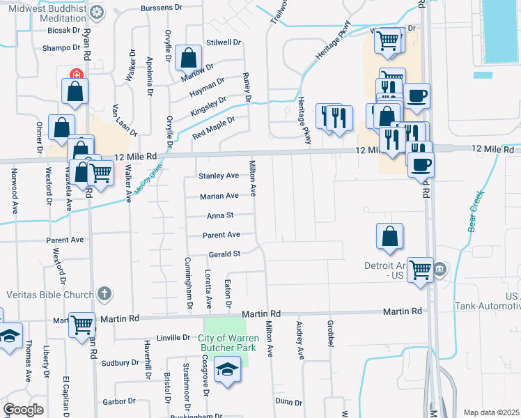 map of restaurants, bars, coffee shops, grocery stores, and more near 28655 Audrey Avenue in Warren