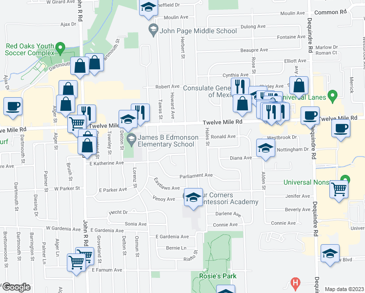 map of restaurants, bars, coffee shops, grocery stores, and more near 28741 Herbert Street in Madison Heights